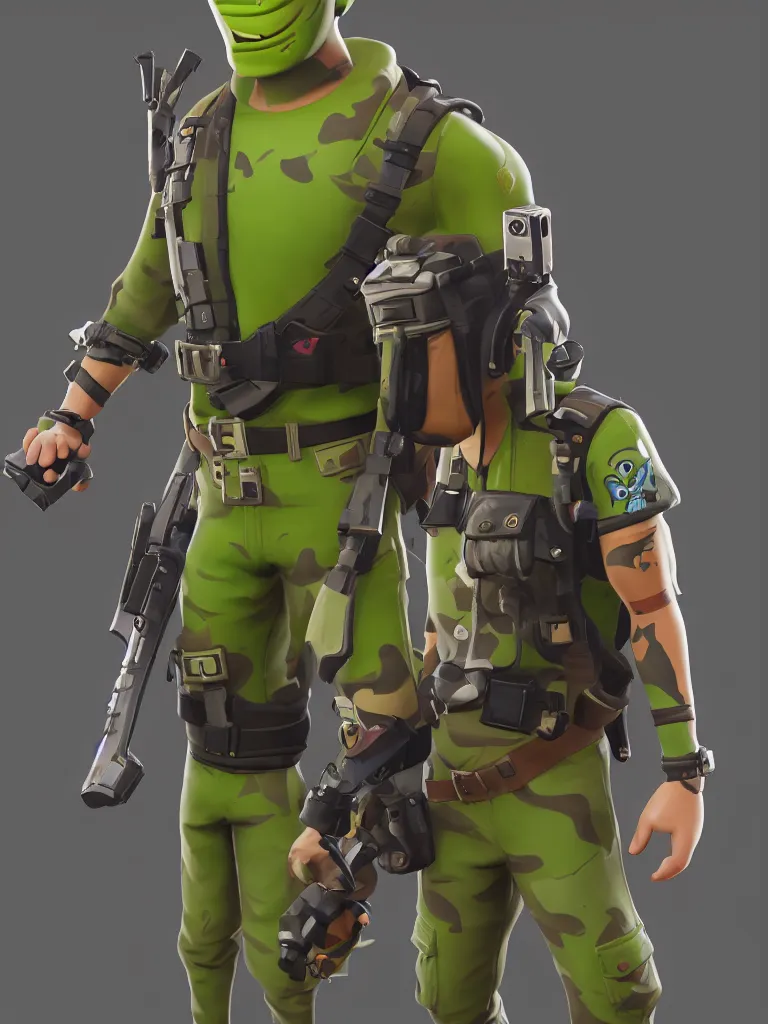 Prompt: lone fortnite character of anthropomorphic pickle with kind eyes and a derpy smile. wearing a flak jacket ammo bandolier cargo pants black combat boots. single fortnite design, unreal engine, highly detailed