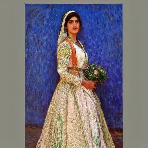 Image similar to full body portrait of a beautiful Kurdish bride wearing a beautiful wedding dress, very detailed eyes, hyperrealistic, beautiful and symmetrical face, very detailed painting by Claude Monet and Alphonse Mucha, ornate, trending on artstation, extremely high detail, incredibly intricate