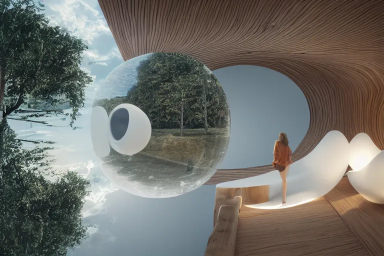 Image similar to a life building formed by the intersection and combination of many white spheres and egg shaped spaces ， by pierre bernard, on the calm lake, people's perspective, future, interior wood, dusk, unreal engine highly rendered, global illumination, radial light, internal environment