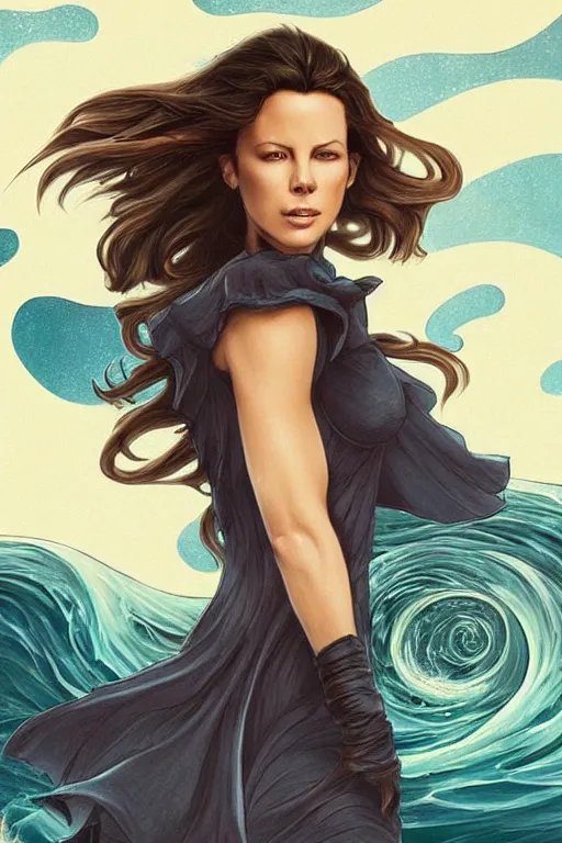 Image similar to kate beckinsdale as a heroine with a dress inspired by the great wave off kanagawa, digital painting, artstation, concept art, smooth, sharp focus, illustration, art by artgerm and donato giancola and Joseph Christian Leyendecker, Ross Tran, WLOP