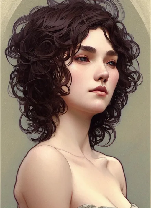 Image similar to a woman with short wavy hair, round face, cottagecore!!, river, trees, intricate, elegant, highly detailed, digital painting, artstation, concept art, smooth, sharp focus, illustration, art by artgerm and greg rutkowski and alphonse mucha