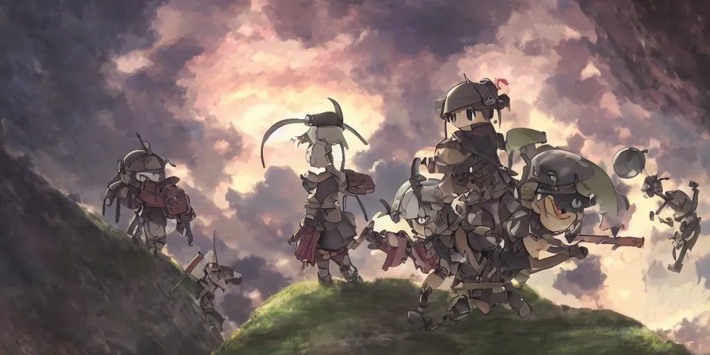 Image similar to soldiers fighting monsters ; digital painting, anime art, smooth, sharp focus, rule of thirds, from made in abyss