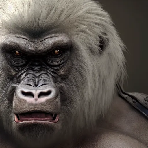 Image similar to angry tough rough looking albino gorilla. scars, battle damage, scratched armor, interesting 3 d character concept by square enix, rough game art, hyper detailed, character modeling, cinematic, final fantasy, video game character concept, ray tracing, fur details, maya, c 4 d