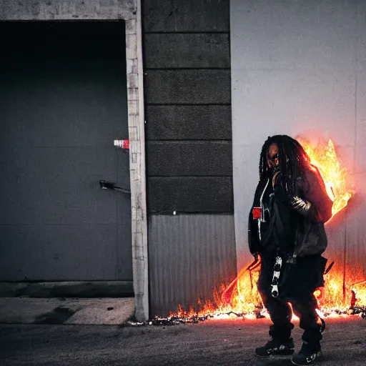 Image similar to Candid extreme wide shot of a poor techwear mixed woman with tattoos outside of a futuristic Los Angeles on fire, homeless tents on the side of the road, military police, cyberpunk, 4k, extreme long shot, desaturated, full shot, action shot, motion blur, sigma 85mm f/1.4, high resolution, 4k, 8k, hd, full color, important moment in history, award winning photography