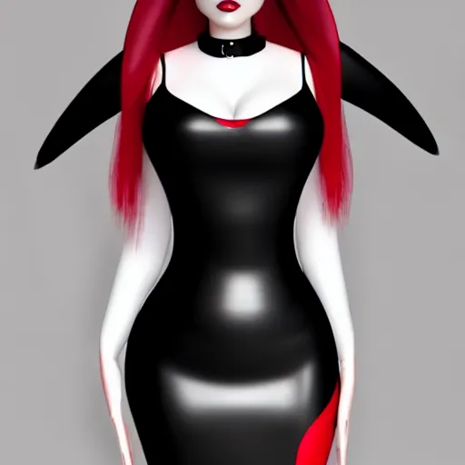 Image similar to curvy feminine hot goth cutie in a sublime elegant polished black latex neck-high gown with red trim and latex leggings, thin waist, cgsociety, photorealistic, comfy ambience, idealistic, 16k, smooth, sharp focus, trending on ArtStation, volumetric lighting, fully clothed, worksafe