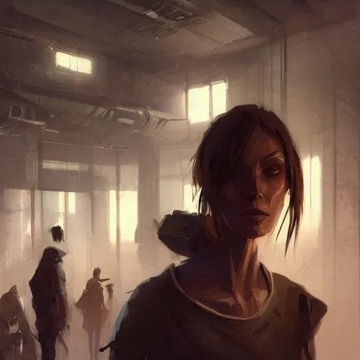 Image similar to concept art by greg rutkowski, a very tall, and slender woman with blond hair, talking with a very tall and slender mand with short black hair, brutalist futuristic interior, dark lighting atmosphere, detailed portraits, nostalgic atmosphere, scifi, digital painting, artstation, concept art, smooth, sharp foccus ilustration, artstation hq