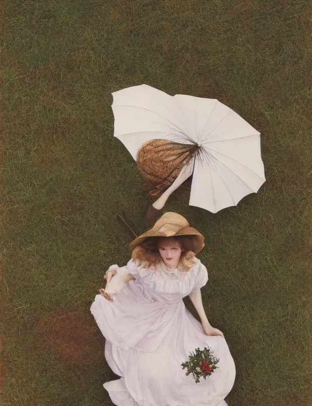 Image similar to lolita on a village, high angle view, portrait, Cinematic focus, Polaroid photo, vintage, neutral colors, soft lights, foggy, by Steve Hanks, by Serov Valentin, by lisa yuskavage, by Andrei Tarkovsky 8k render, detailed, oil on canvas