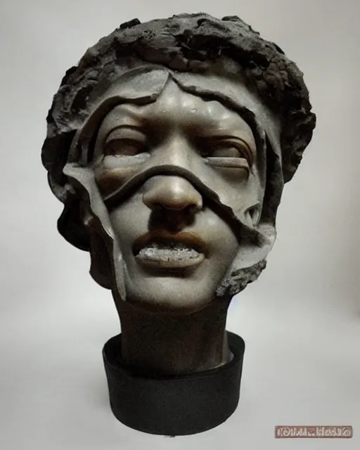 Image similar to planets coming out of a broken renaissance head sculpture, hyper - realistic, in the style of tony santos