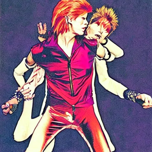 Prompt: david bowie giving a piggy back ride to ziggy stardust. glam rock. cosmic. guido crepax.