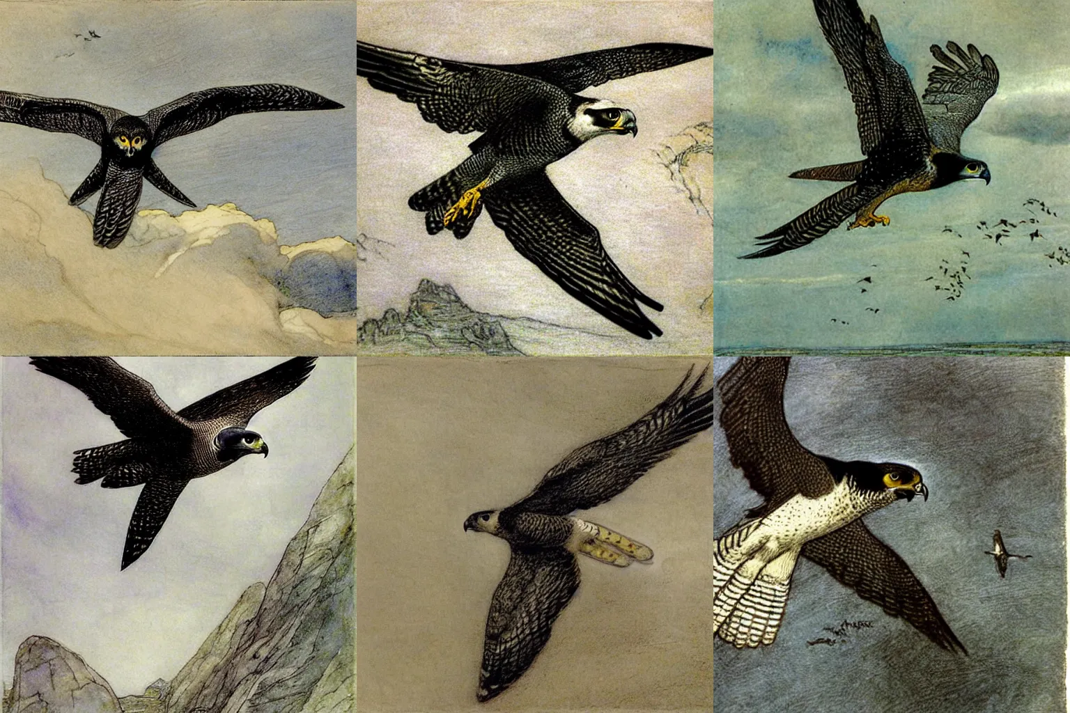 Prompt: a peregrine falcon flying far away in the sky, painting by arthur rackham and fernand khnopff