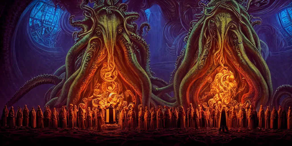 Image similar to portrait of circle group of priests invoking ritual in front of a giant cthulhu, intricate, glowing lights, highly detailed, sharp focus, wide - angle, atmospheric lighting, rich deep colors masterpiece, volumetric lighting, beautiful, rich deep colors masterpiece, sharp focus, ultra detailed by leesha hannigan, thierry doizon, kai carpenter