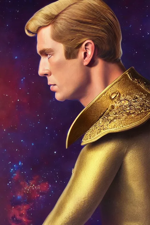 Image similar to portrait photograph of captain kirk as a glorious regal space king, sleek outfit, upper body, fantasy, handsome, depth of field, soft focus, highly detailed, intricate, realistic, national geographic cover, soft glow, textured, artstation, concept art, sharp focus, illustration, art by artgerm and greg rutkowski and alphonse mucha