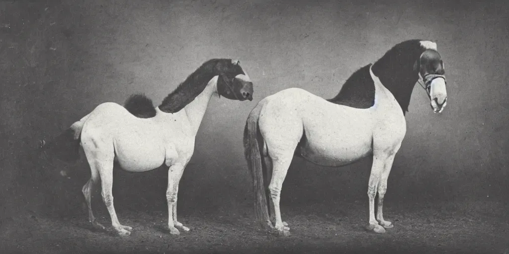 Prompt: cathorsecamel, strange, black and white, photograph, 1850s