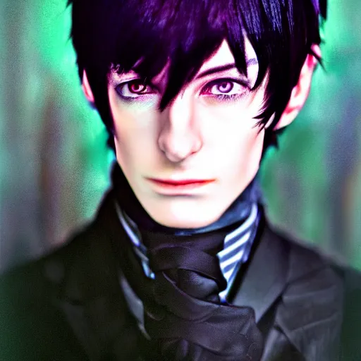 Prompt: eccentric portrait of Lelouch Lamperouge, mysterious man, professional photography, color correction, realistic eyes