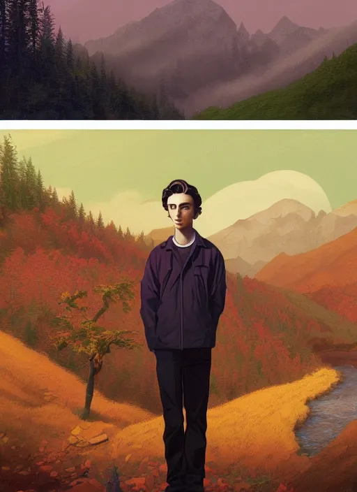 Prompt: twin peaks poster artwork by michael whelan and tomer hanuka, karol bak, rendering of young innocent timothee chalamet, from scene from twin peaks, full of details, by makoto shinkai and thomas kinkade, matte painting, trending on artstation and unreal engine