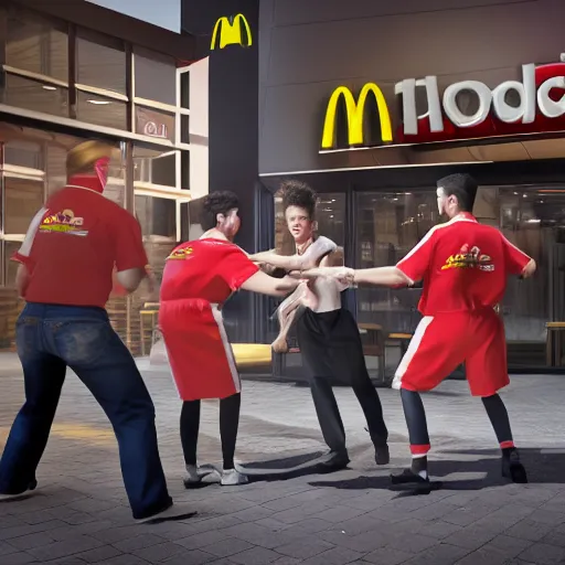 Image similar to macdonalds restaurant staff fighting with kfc restaurant staff, hyper real, 8 k, octane render, vivid, bright, photo realistic, city street, riot