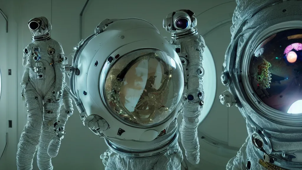 Image similar to a cybernetic symbiosis of a single astronaut eva suit with diamond 3d fractal lace iridescent bubble 3d skin covered with insectoid compound eye camera lenses floats through the living room, film still from the movie directed by Denis Villeneuve with art direction by Salvador Dalí, wide lens,