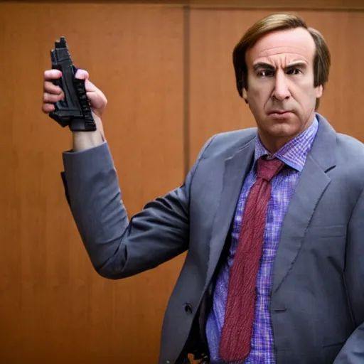 Image similar to saul goodman holding a handgun inside a courtroom, wide shot