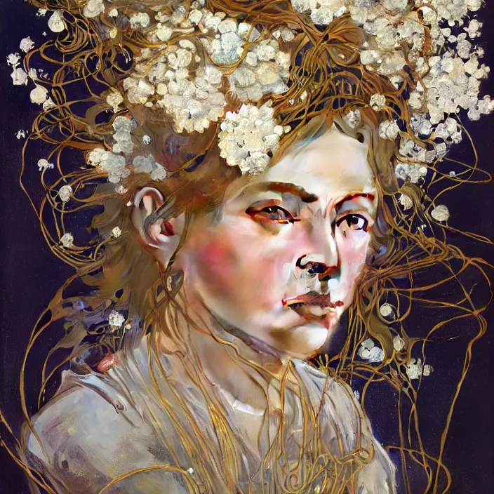 Image similar to hyperrealist portrait of a 2 0 4 4 space sport engineer, it is decorated with long gold wires and white flowers that fall like vines and wears a huge computer crown. by jeremy mann and alphonse mucha, fantasy art, photo realistic, dynamic lighting, artstation, poster, volumetric lighting, dramatic light, very detailed faces, 8 k, award winning