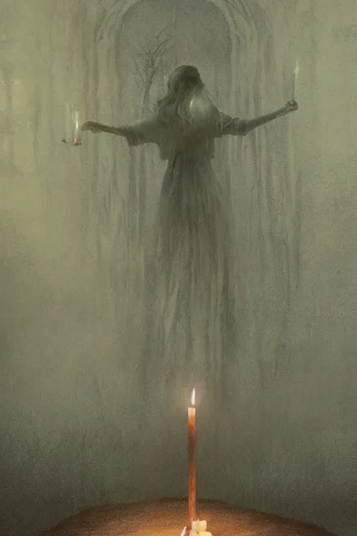 Image similar to Spirit holding a candle in the middle of the room, horror, illustrated by Greg Rutkowski and Caspar David Friedrich., Trending on artstation, artstationHD, artstationHQ, 4k, 8k