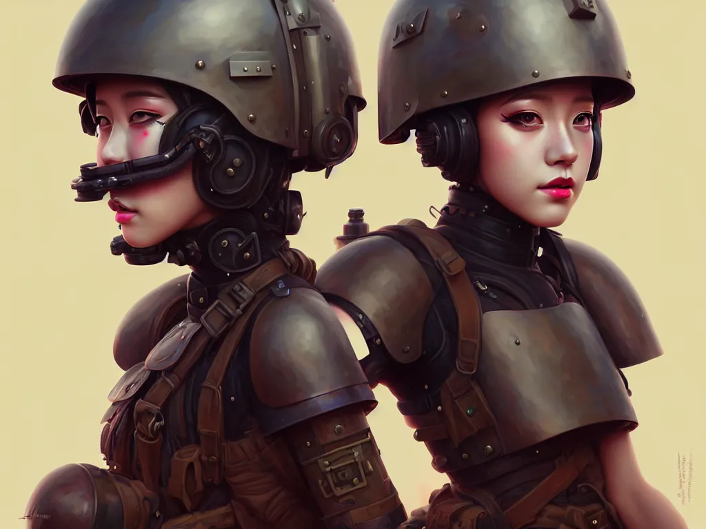 Image similar to portrait blackpink jisoo of dieselpunk soldier girl, helmet, desert, armored, highly detailed, digital painting, face detail, sharp focus, art, illustrations by loish and ayanamikodon and irakli nadar and rossdraws and wlop