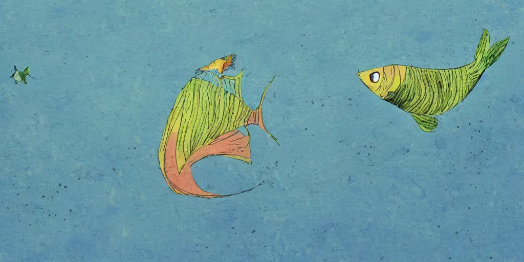 Image similar to a fish cycling with a bird