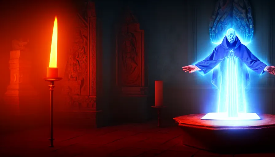 Image similar to an evil priest performs demonic ritual with magic and a glowing sigil in a fantastic temple, volumetric lighting, magical lighting, raytracing, dynamic lights and shadows, photorealistic render, digital art, wallpaper