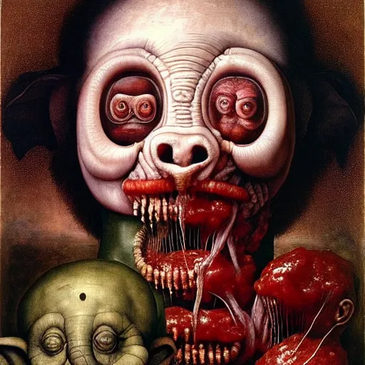 Image similar to a boy like eraserhead and elephant man sitting in a tub full of tomato sauce, looking straight into camera, screaming in desperation, by giuseppe arcimboldo and ambrosius benson, renaissance, fruit, intricate and intense oil paint, a touch of beksinski and hr giger, realistic