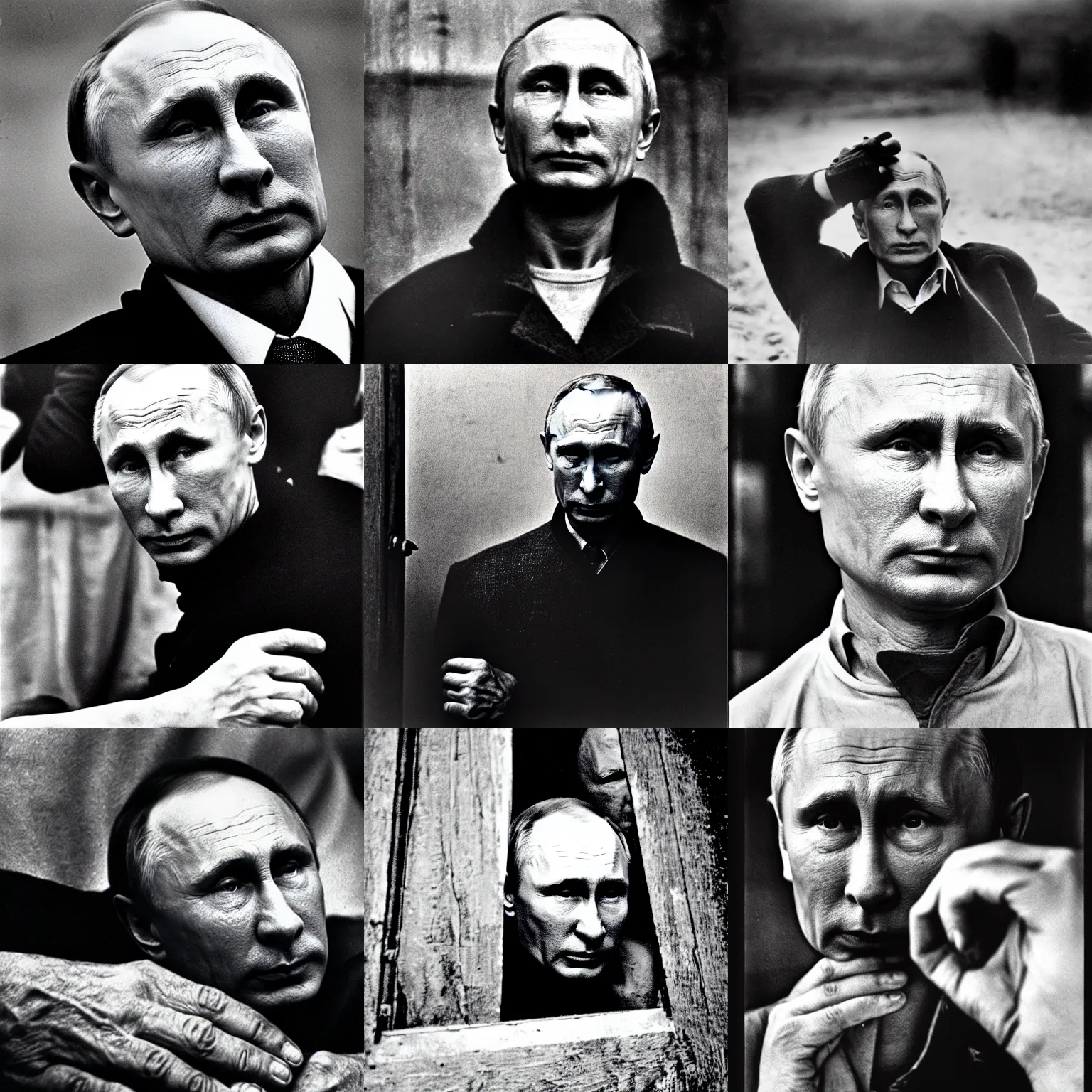 Prompt: a very sad fate of vladimir putin at his old age in prison. detailed professional 3 5 mm black and white photo by don mccullin world press photo award