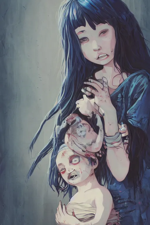 Prompt: urban school zombie girl in tattered clothes with a dead baby in her hand fanart, dark blue long hair, muted colors, matte print, pastel colors, ornate, digital art, cute smile, digital painting, fan art, elegant, pixiv, by Ilya Kuvshinov, by Studio Ghibli