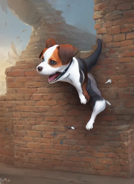 Image similar to adorable jack russel terrier jumping over a brick wall, fantasy art, artstation character design contest winner, trending on cgsociety, concept art, speedpaint, beautiful digital art, jesper ejsing, james jean, justin gerard, fenghua zhong, makoto shinkai, highly detailed