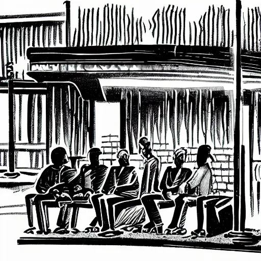 Prompt: a some people waiting in a lone bus stop in quiet dark city night, chiaroscuro ink pen european comics,high quality, high resolution,detailed