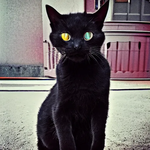 Prompt: an [ [ [ [ orange ] ] ] ] black kitty front view
