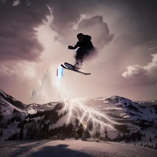 Image similar to jesus snowboarding on puffy volumetric clouds, volumetric illumination, dramatic lightning, 3 d, cinematic, 8 k