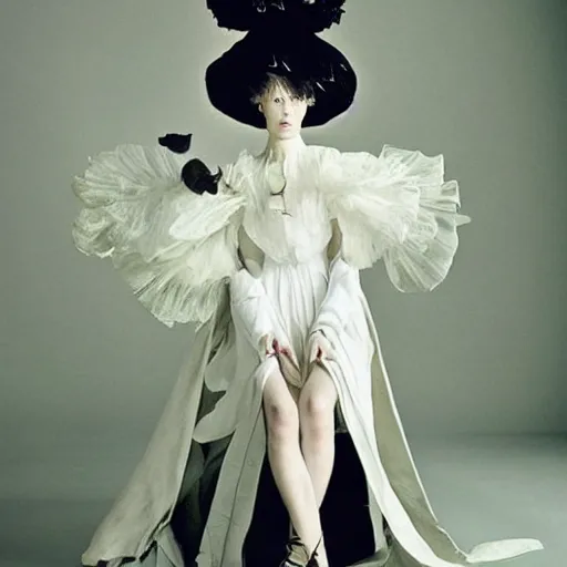 Image similar to beautiful avant garde fashion, designed by Yohji Yamamoto, shot by Tim Walker in a detailed rococo style studio, full body portrait