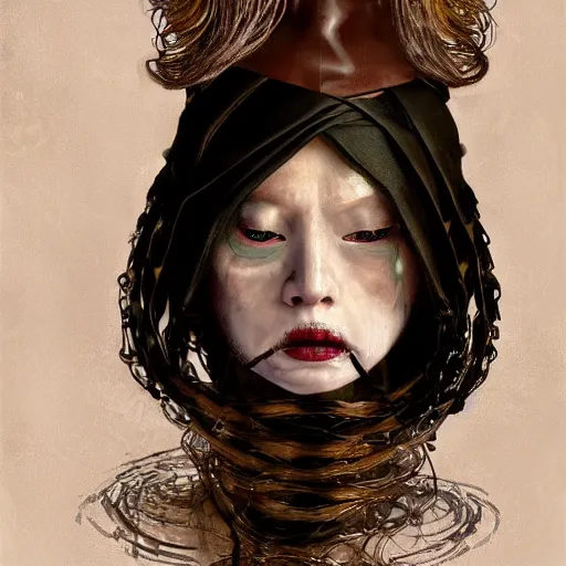 Image similar to portrait of a Shibari rope wrapped face and neck, headshot, insanely nice professional hair style, dramatic hair color, digital painting, of a old 15th century, young cyborg Rubber Nun, amber jewels, baroque, ornate clothing, scifi, realistic, hyperdetailed, chiaroscuro, concept art, art by Franz Hals and Jon Foster and Ayami Kojima and Amano and Karol Bak,