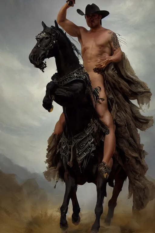Prompt: a dramatic ethereal epic painting of a handsome black chubby shirtless cowboy on a horse | homoerotic, highly detailed, realistic, dramatic lighting | by Mark Maggiori, by William Herbert Dunton, by Charles Marion Russell | trending on artstation