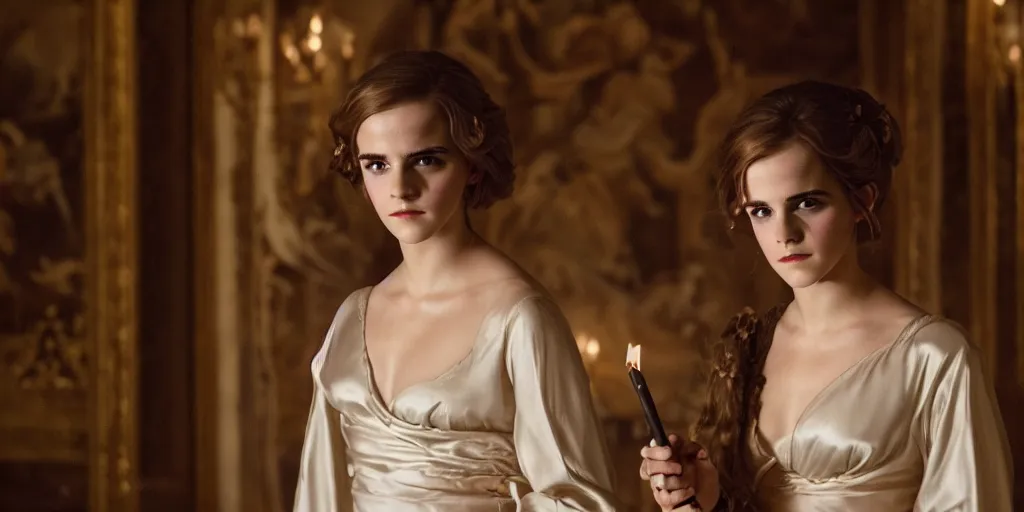 Prompt: portrait closeup Emma Watson long hair flowing silk robes baroque room candles mirrors cinematic lighting stanley kubrick barry lyndon 4k canon 5d mk4 colour