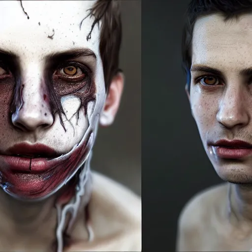 Prompt: portrait painting of young man with severe burn scars on his face and poorly cut short hair with a severe expression wearing tattered light armor, ultra realistic, concept art, intricate details, eerie, highly detailed, photorealistic, octane render, 8 k, unreal engine. art by artgerm and greg rutkowski and charlie bowater and magali villeneuve and alphonse mucha