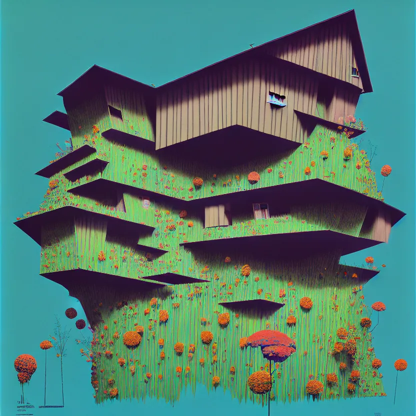 Prompt: ( ( gediminas pranckevicius ) ) house by kengo kuma, art by syd mead, malevich, very coherent, sharp, colorful high contrast, dark shadows, hard lighting, floralpunk flower garden, inking etching screen print paper cutout collage hd, 8 k hyper detailed, octane render