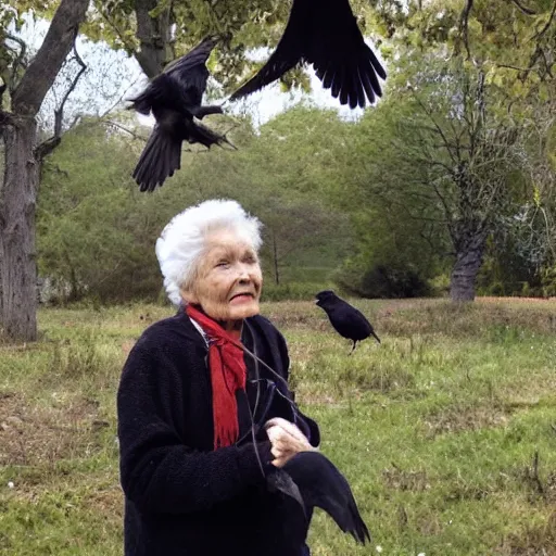 Prompt: enchanting old lady with crow on her shoulder
