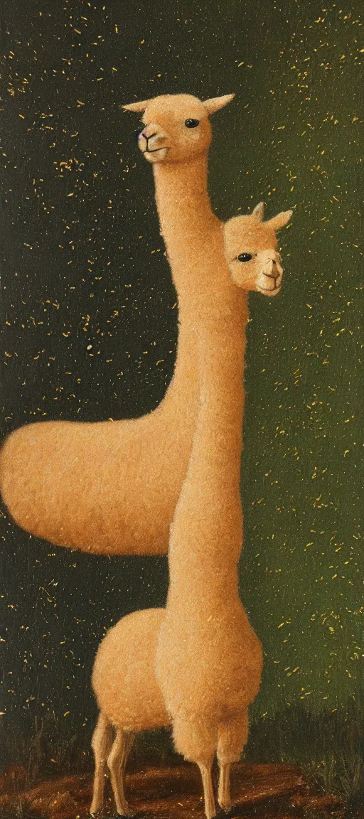 Image similar to detailed renaissance oil painting of an alpaca in the forest of pastel feathers lit by small fireflies at night