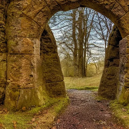 Image similar to woodland path golden hour wide angle. stone archway on the left. inside the archway is a portal to another land with bright sunlight and a seashore. a silhouette of a humanoid stands in the portal, highly textured, adventurous