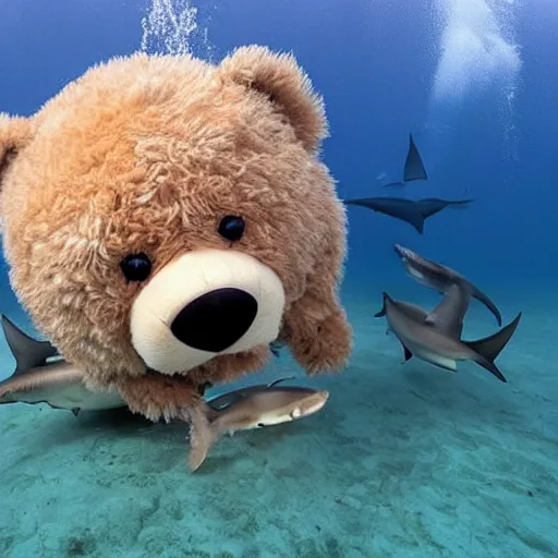 Prompt: photo of teddy bear being eaten by shark underwater