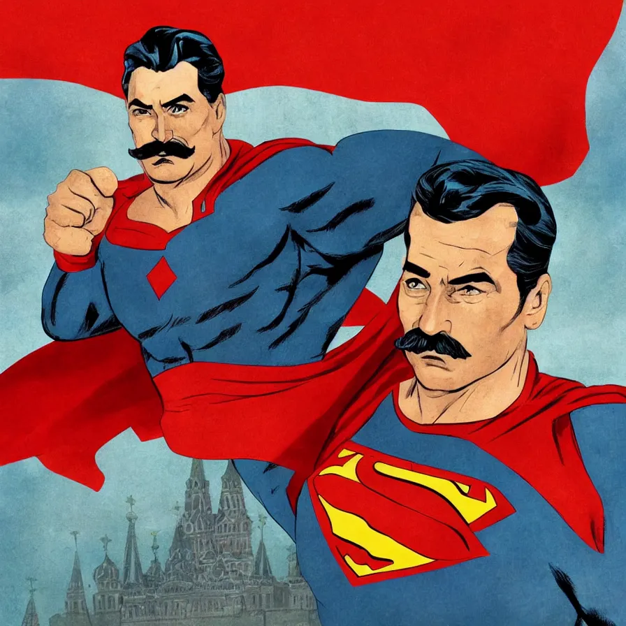 Image similar to stalin as superman, in the style of the red son, floating over the red square ( moscow ), socialist realism, soviet nostalgia, ultrarealistic, hyperdetailed, intricate digital art, trending artstation, rich moody colors, fan art, concept art, epic comic book style, by robert kirkman