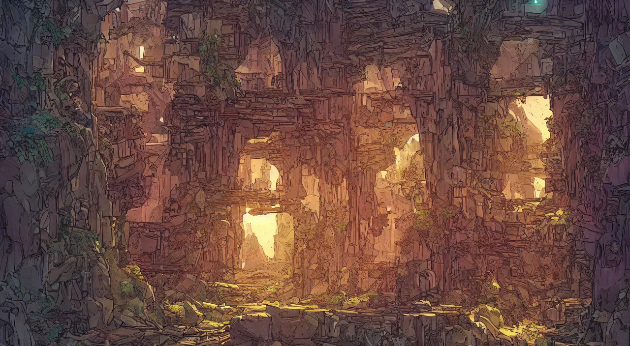 Image similar to open door wood wall fortress greeble block amazon jungle on portal unknow world ambiant fornite that looks like it is from borderlands and by feng zhu and loish and laurie greasley, victo ngai, andreas rocha, john harris