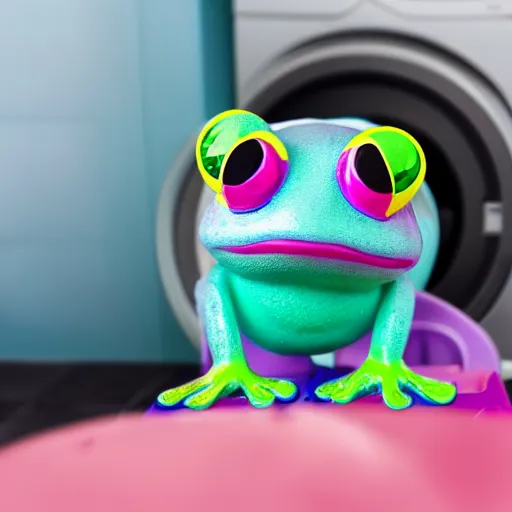 Prompt: plastic toy frog cleaning up the laundromat, pastel colors