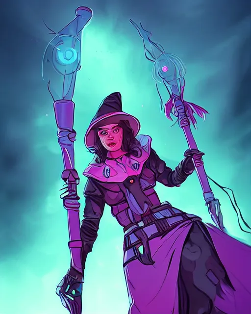 Prompt: A witch wielding a futuristic power staff, digital apex legends illustration portrait, gorgeous lighting, wide angle action dynamic portrait, perspective shot, art by Nick Sullo, Pink and blue palette, high contrast,