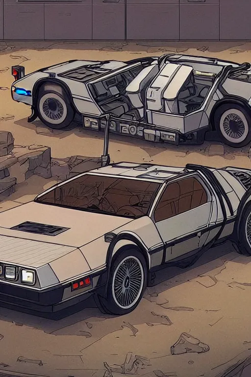 Image similar to Delorean car designed by Aplle that looks like it is from Borderlands and by Feng Zhu and Loish and Laurie Greasley, Victo Ngai, Andreas Rocha, John Harris