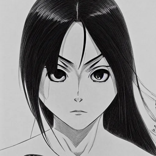 Image similar to alita by yukito kishiro. medium shot. black and white manga. pencil drawing.